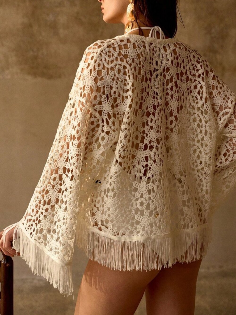 Beige Women's Loose Floral Embroidered Tassel Beach Cover Up Cardigan - Picture 2 of 8